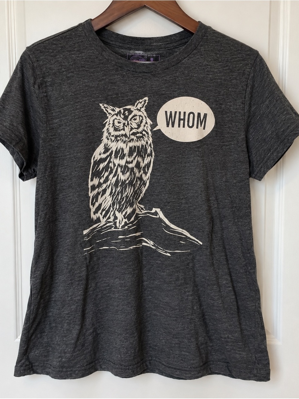 Crazy Dog T-Shirts Women's Dark Gray Owl 'WHOM' Short Sleeve Tee